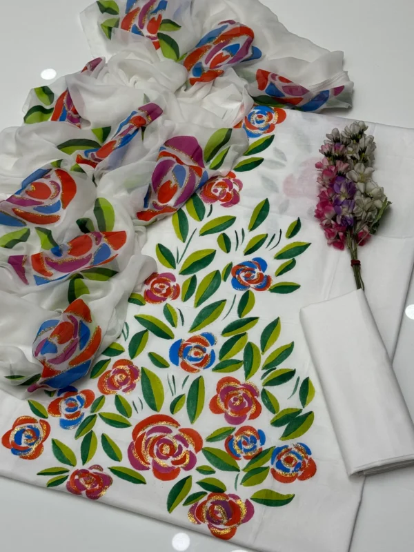 Beautiful Handmade Oil Painted Pure Lawn With Chiffion Duppata 3 Pc Dress