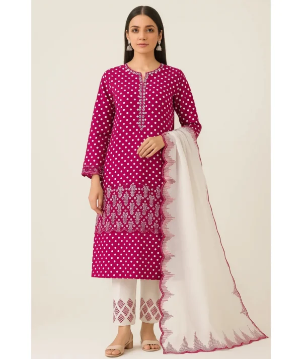 Beautiful Polka Dot Printed Sequence Work Embroidery Lawn 3 Pc Dress