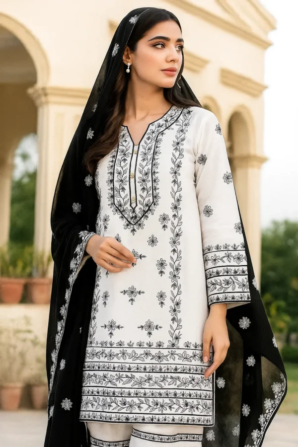 Handmade Style Embroidered Galla Daman Lawn 3 Pc Dress