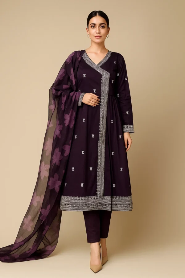 ancy Angrakha Style Sequence Work Embroidery  Lawn 3 Pc Dress