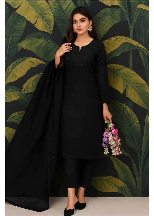 Black Beauty Chikankari Thread Embroidery  Lawn 3 Pc Dress