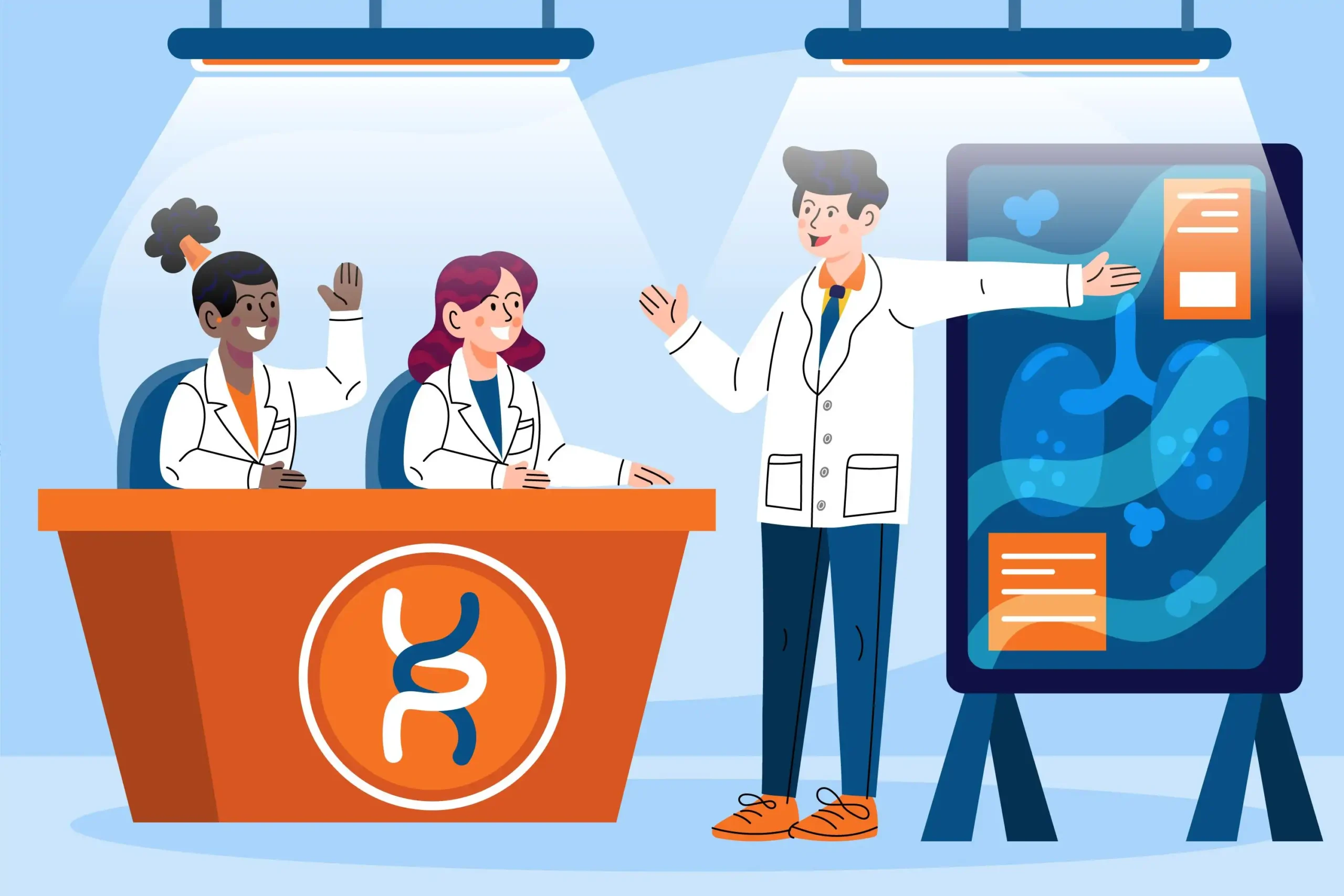 Here is a clear, SEO-friendly **alt text** for the image: **“Illustration of three health science professionals in lab coats, with two seated at a desk and one presenting medical diagrams on a screen.