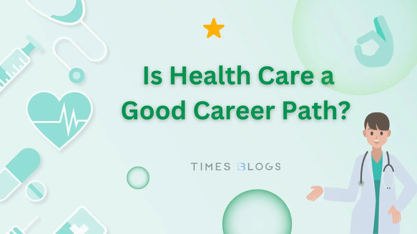Here is an SEO-friendly **alt text** using your full title **“is health care a good career path for long-term growth and stability”**: **Alt Text:** *Illustration with medical icons and a doctor beside the headline asking is health care a good career path for long-term growth and stability.*