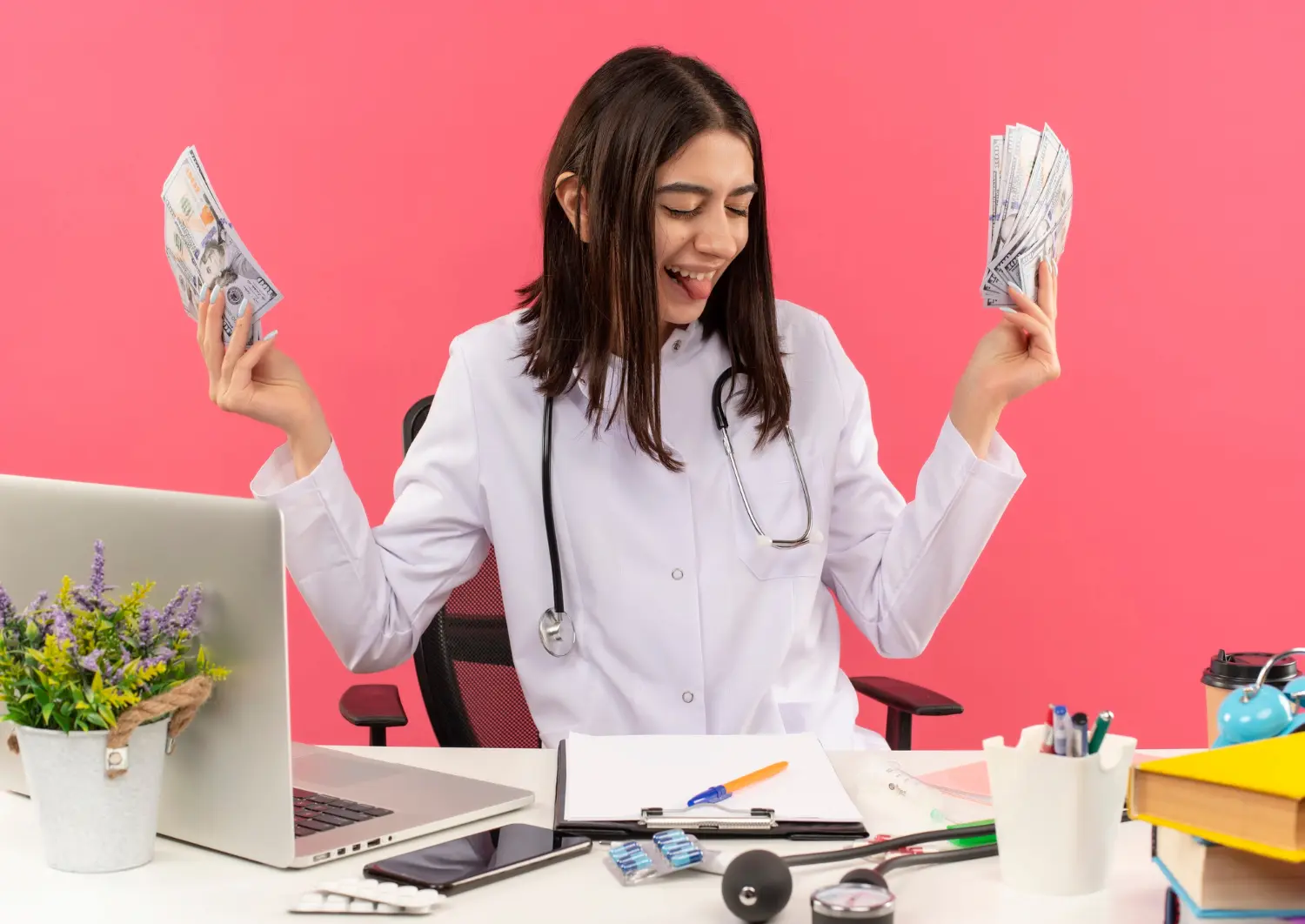 A smiling female health professional holding money, symbolizing earnings and “what is the average salary for health science.”