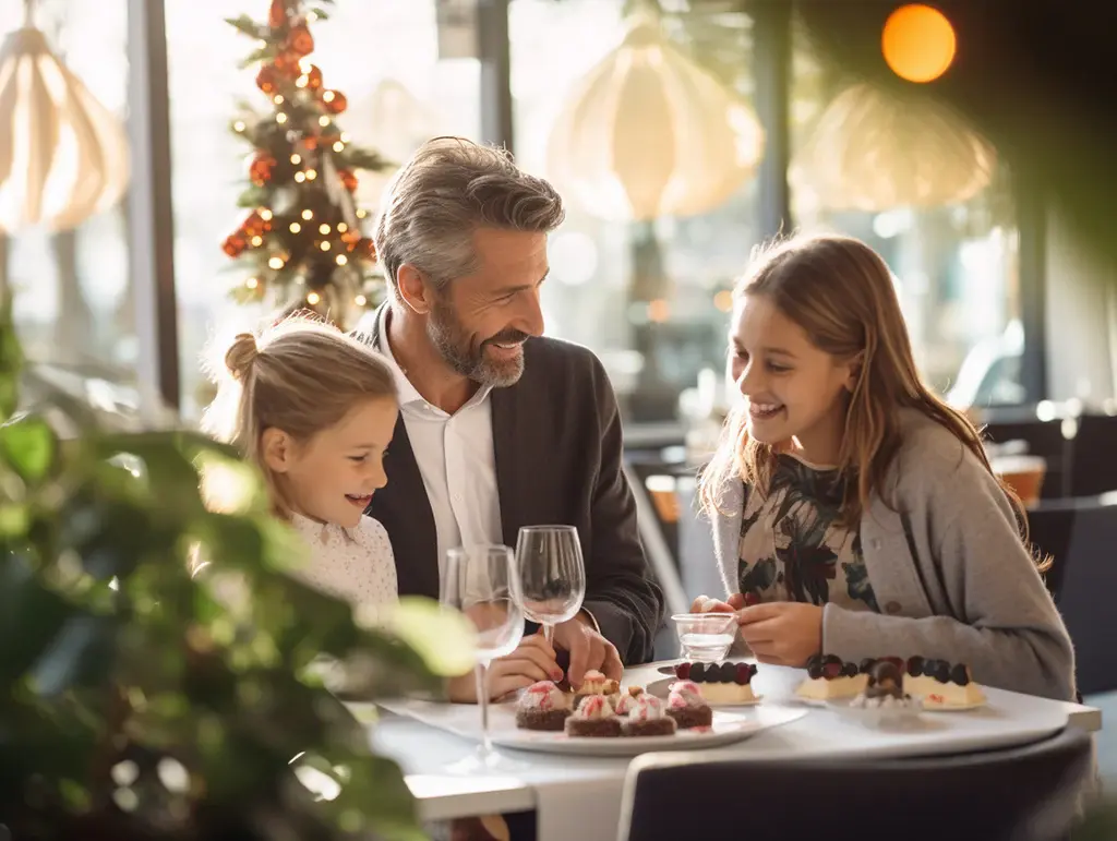 A family enjoying desserts at a restaurant open on Christmas, showing what fast food is open on Christmas for quick meals during the holiday